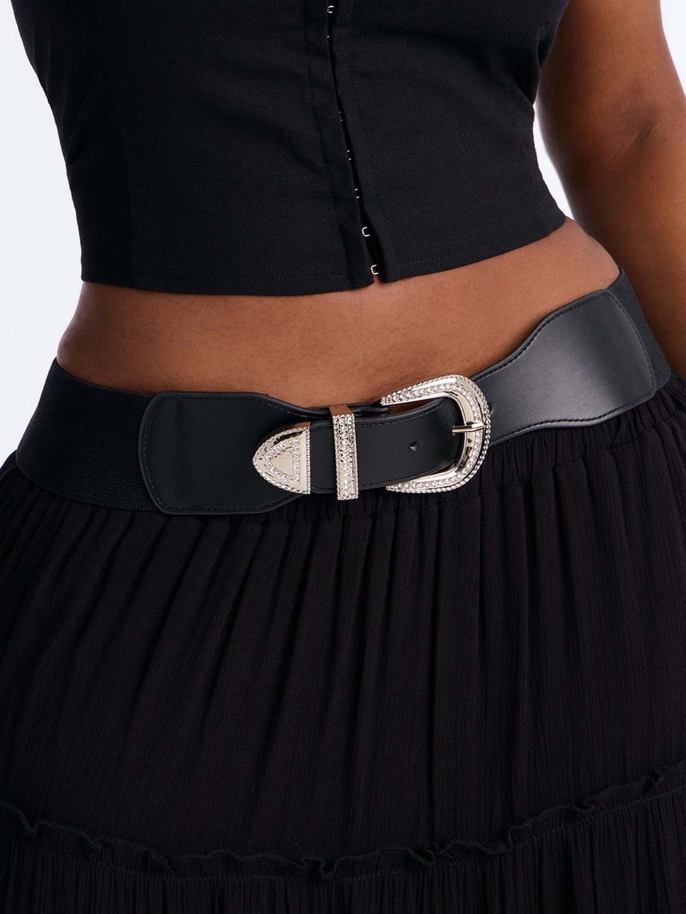 Fashion Nova Black Stretch Western Belt with Silver Buckle